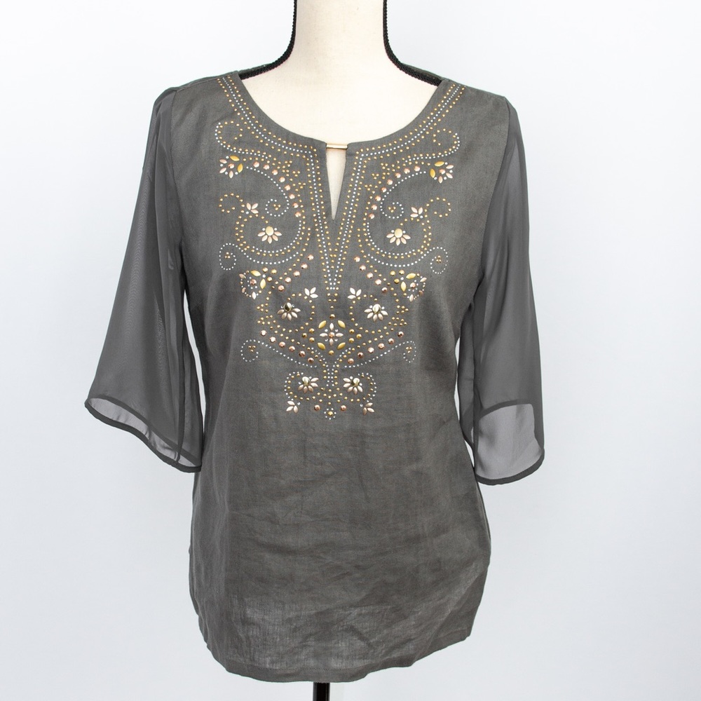 Linen top olive green with metallic embellishments JM Collection MP